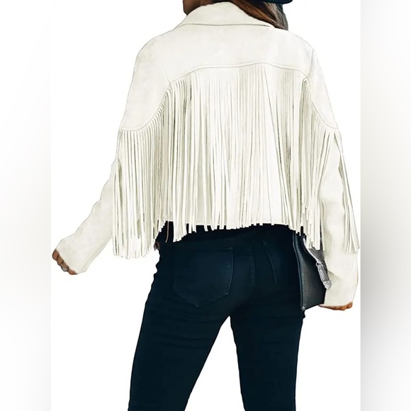CHARTOU Women's Chic Cropped Tassel Fringe Faux Suede Moto Jacket NWT - Picture 7 of 13